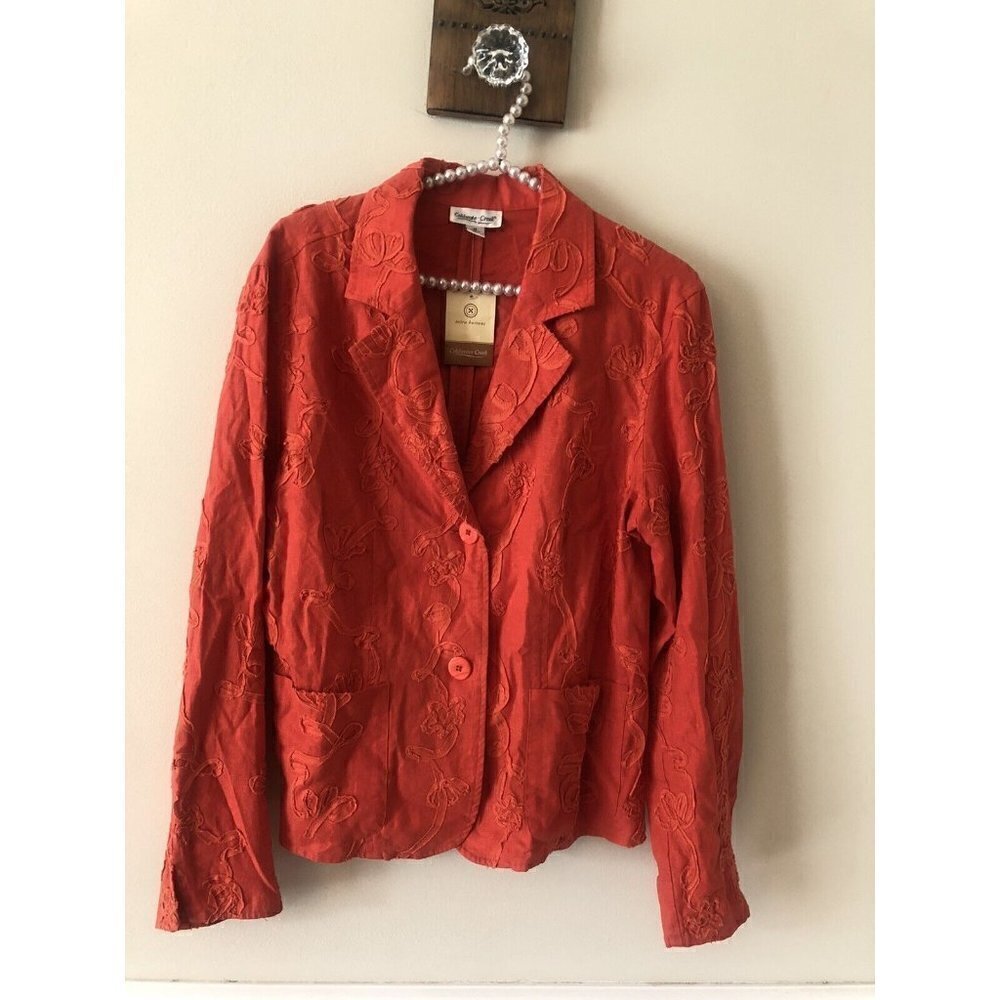 NWOT Coldwater Creek Size M Blazer Burnt Orange Soutache Appliqued Linen Blend